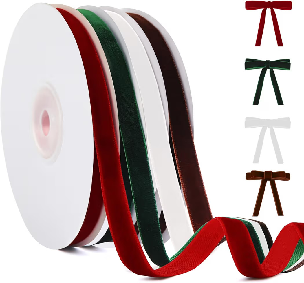 YANGTE 4 Colors Velvet Ribbon Set, 3/8" x 40Yard Premium Christmas Velvet Ribbon for Gift Wrapping, Christmas Tree Ornaments Handmade Crafts Bow Making（Red,Green,White,Brown） | Amazon (US)