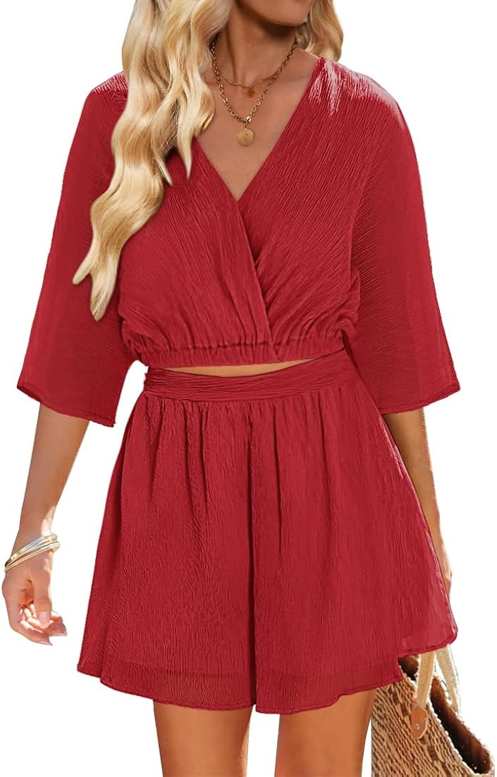 2 Piece Outfits for Women Summer Textured Crop Tops and Elastic Wasit Flowy Shorts Skort Set Two ... | Amazon (US)