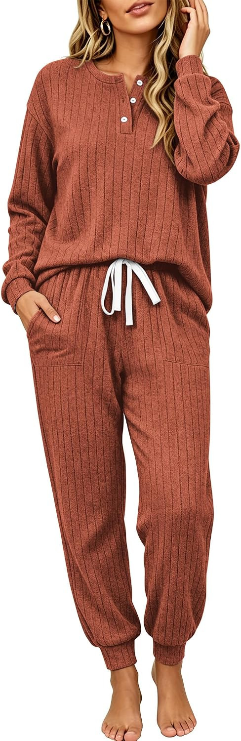 Ekouaer Womens Pajamas Set Knit Pjs Long Sleeve Lounge Set Soft Loungewear | Amazon (US)