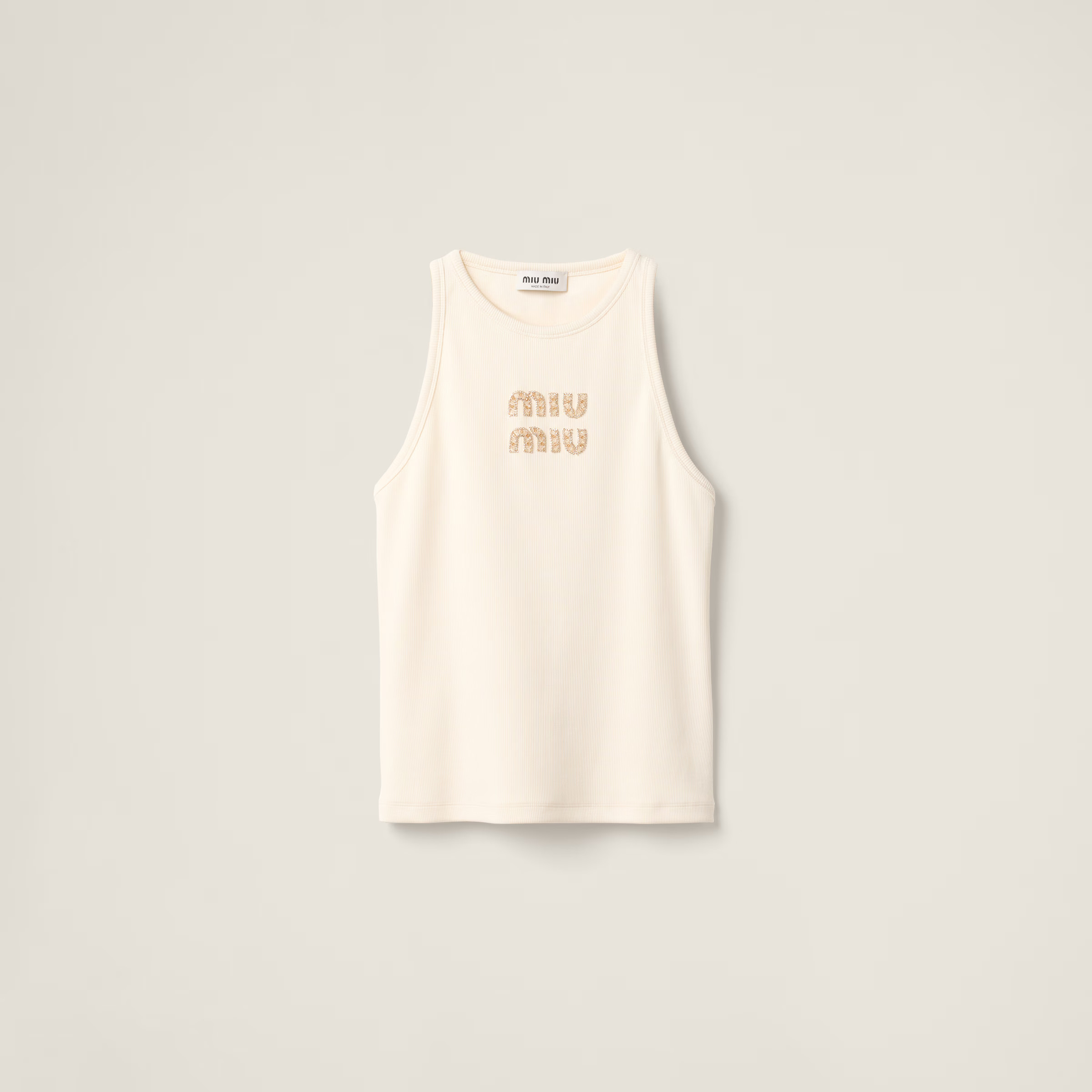 Natural Ribbed Jersey Top With Embroidered Logo | Miu Miu | Miu Miu UK
