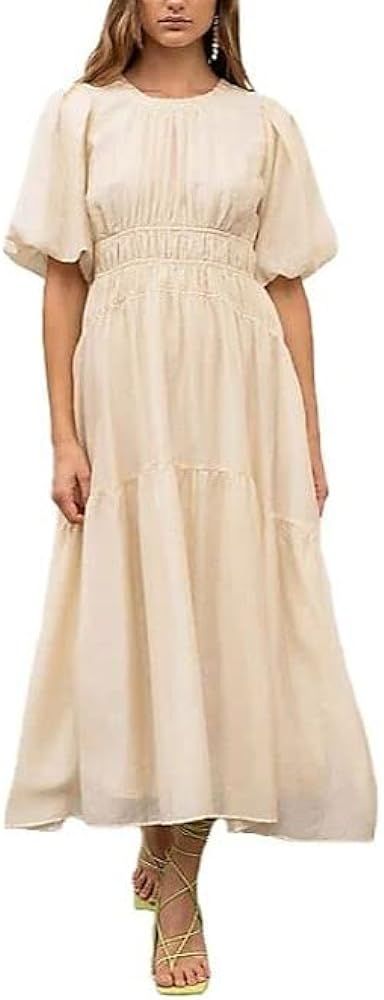 MOON RIVER Women's Shirred Puff Sleeve Bdarecsk Scut-Out Midi Dress | Amazon (US)