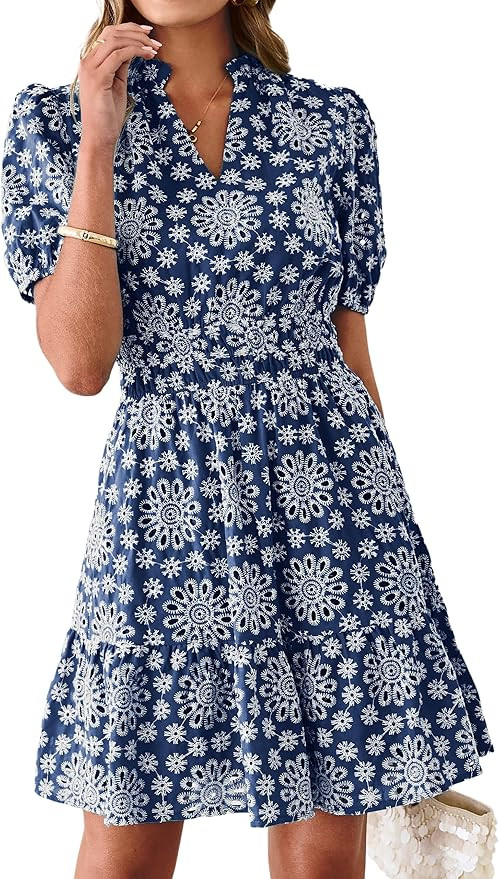 BerryGo Womens Summer Eyelet Mini Dress Beach Casual Embroidery Lace Puff Short Sleeve V Neck Boh... | Amazon (US)
