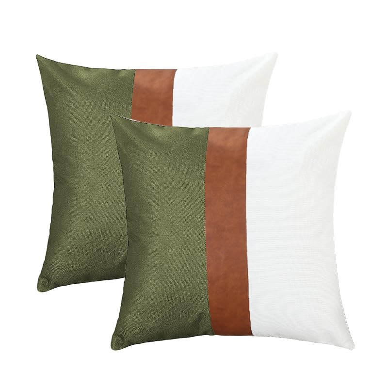 TAOSON Set of 2 Cotton Canvas Patchwork Faux Leather Throw Pillow Covers 18x18 Inch Brown Stripe ... | Amazon (US)