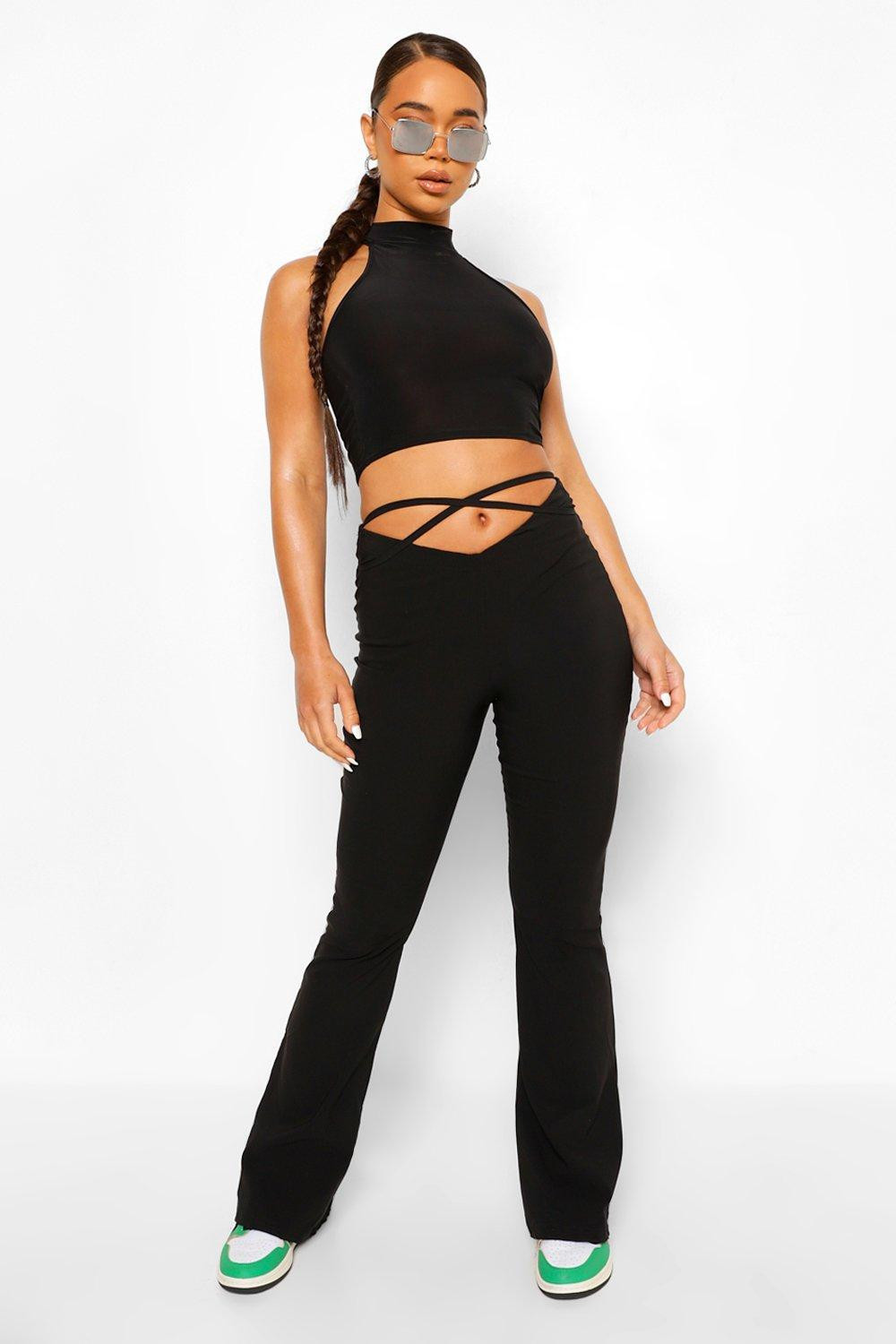 Womens Strap Detail Stretch High Waist Flares - Black - 6 | Boohoo.com (US & CA)