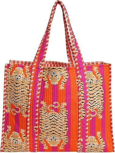 Floral Cotton Tiger Block Print Tote Bag, Indian Handmade Shopping Shoulder Beach Bag, Unisex Mar... | Amazon (US)
