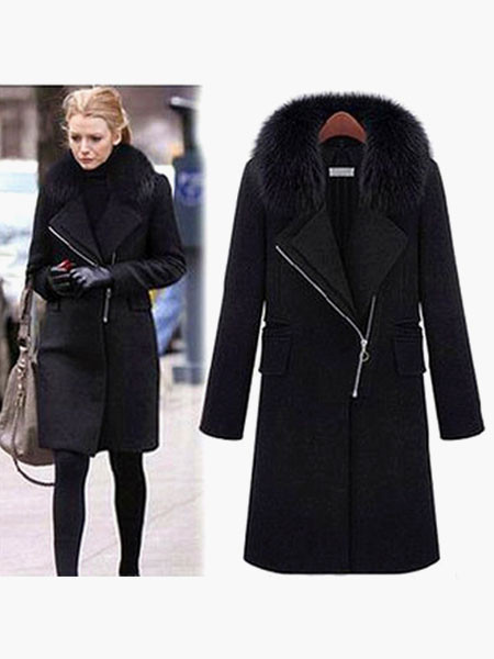 Trench Women Coat Black Faux Fur Jacket Long Sleeve Zippered Overcoat | Milanoo