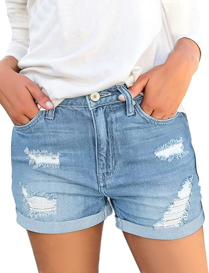 luvamia Women's Ripped High Waisted Denim Shorts Stretchy Cuffed Hem Jean Shorts | Amazon (US)