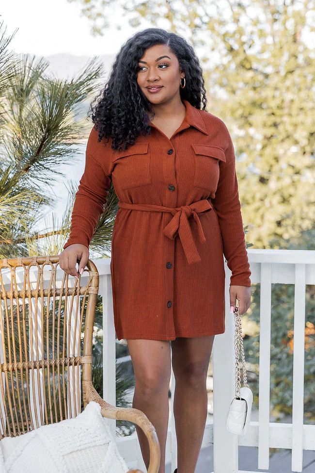 Ever Since You Rust Ribbed Knit Belted Shirt Dress | Pink Lily