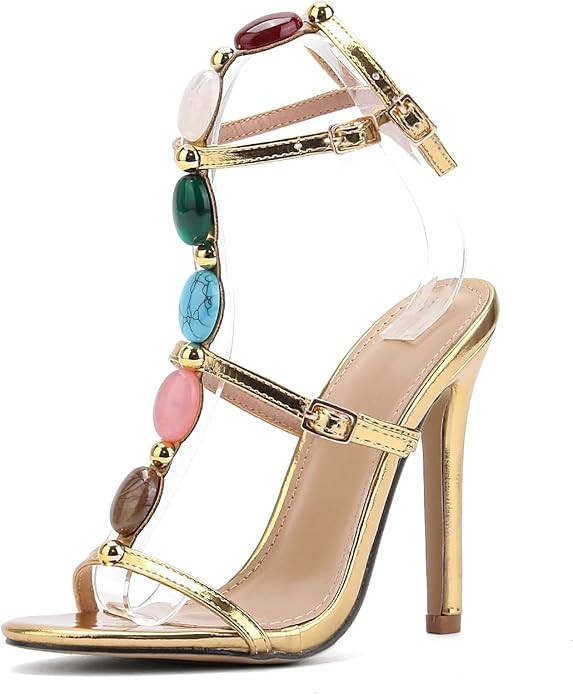 Kluolandi Jewelled Strappy Gold Heels for Women Open Toe Ankle Strap Gladiator Stiletto Heeled Sa... | Amazon (US)