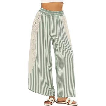 Athlisan Womens Summer Casual Loose Striped Wide Leg Lounge Pants Elastic Waist Palazzo Trousers | Amazon (US)