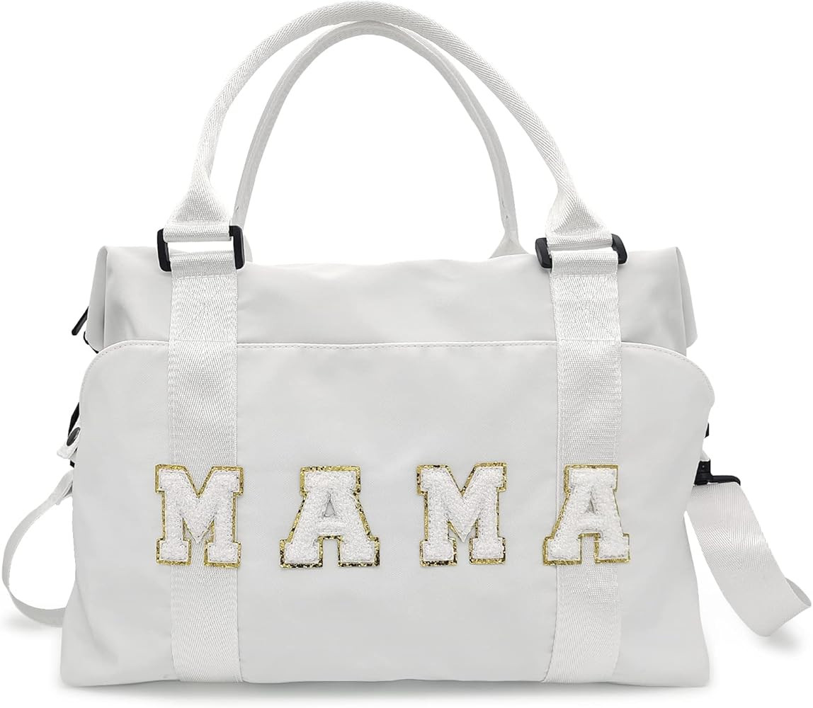Chenille Letter Duffle Bag, Mama Bag With Patches, Nylon Chenille Letter Embroidered Travel Bag, ... | Amazon (US)