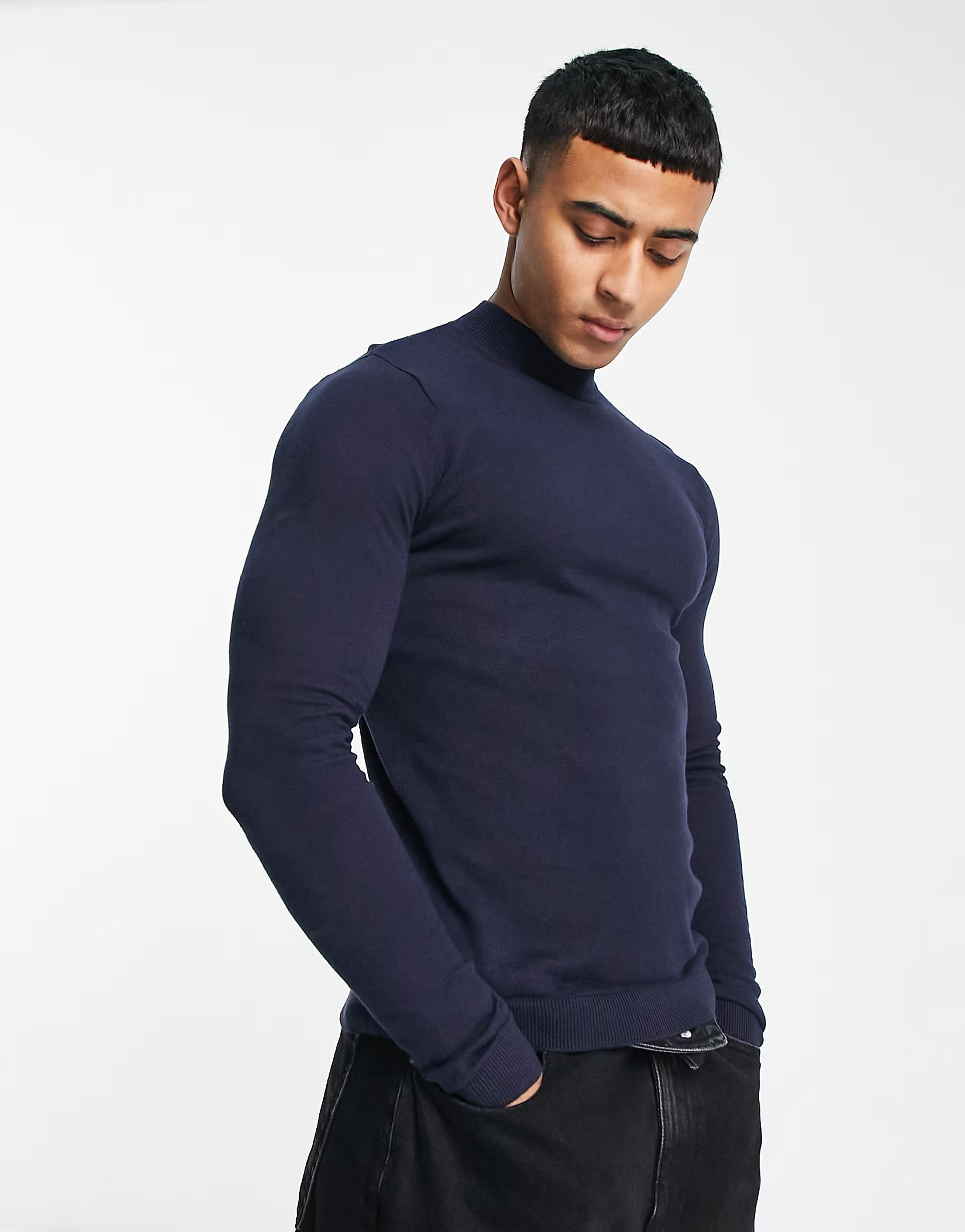 ASOS DESIGN knitted muscle fit turtle neck sweater in navy | ASOS (Global)