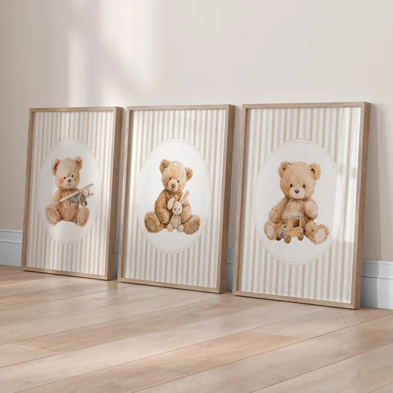 Vintage Teddy Bear Nursery Prints, Beige Stripes (digital Download) - Etsy | Etsy (Global)