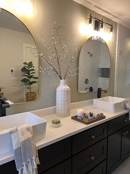 Primary bathroom with Spring touches! 
Faux pussy willow stems, mini faux succulent 
Modern organic 

#LTKhome #LTKFind