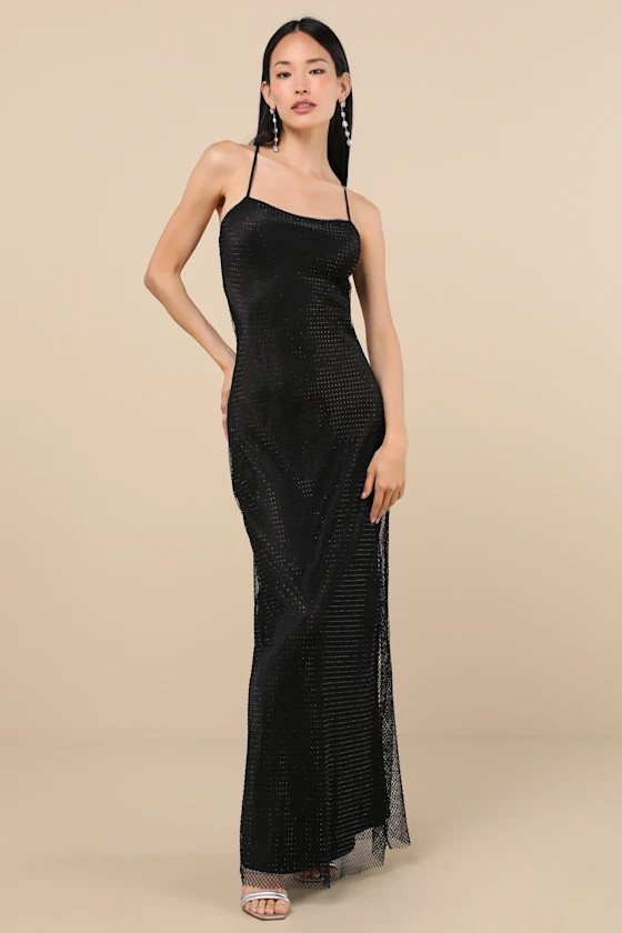 Maxxine Black Fishnet Rhinestone Column Maxi Dress | Lulus