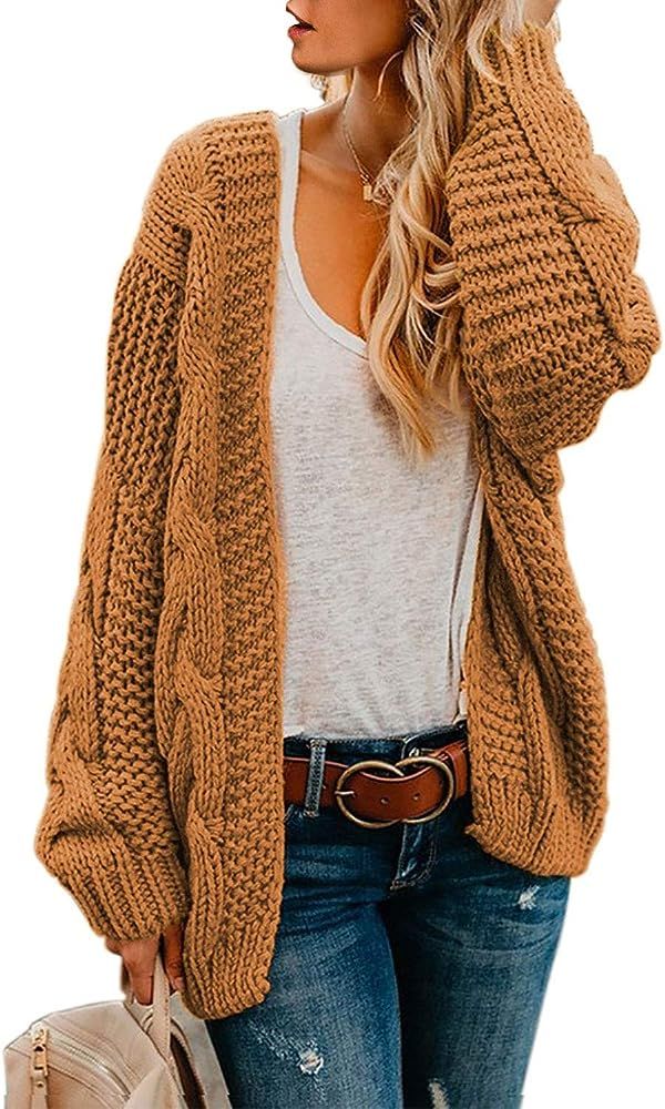 Women Open Front Long Sleeve Chunky Knit Cardigan Sweaters Loose Outwear Coat | Amazon (US)
