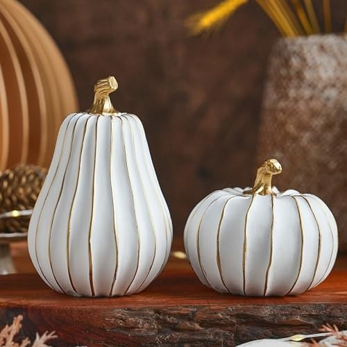 Pumpkin Fall Decor, White and Gold Pumpkins for Decorating Thanksgiving Table Centerpieces, Artif... | Amazon (US)
