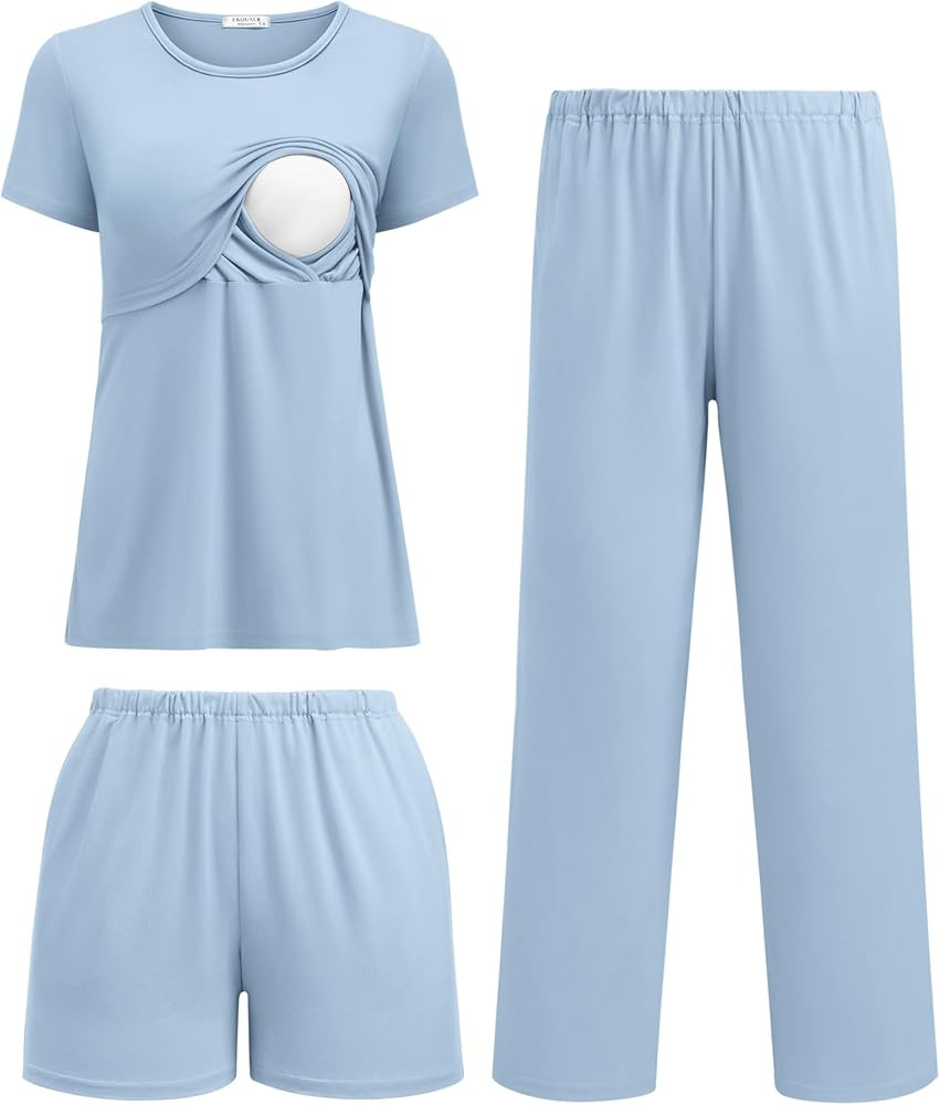 Ekouaer 3 Piece Postpartum Nursing Pajamas Set Short Sleeve Breastfeeding Shirts Pregnancy Shorts... | Amazon (US)