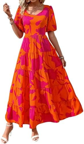 PRETTYGARDEN Puff Short Sleeve Cewneck Floral Long Fall Dresses for Women 2025 Flowy Tiered Hem M... | Amazon (US)