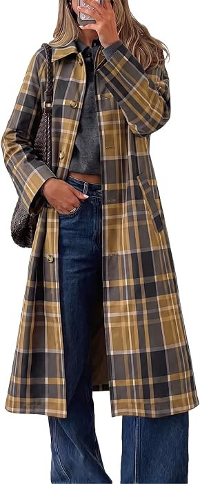 Cicy Bell Womens Plaid Trench Coat Fall Lapel Single Breasted Long Jacket | Amazon (US)