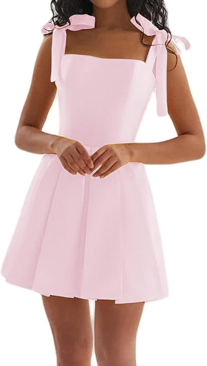 Short Homecoming Dresses for Teens 2024 Spaghetti Strap Satin Prom Dress with Pockets | Amazon (US)