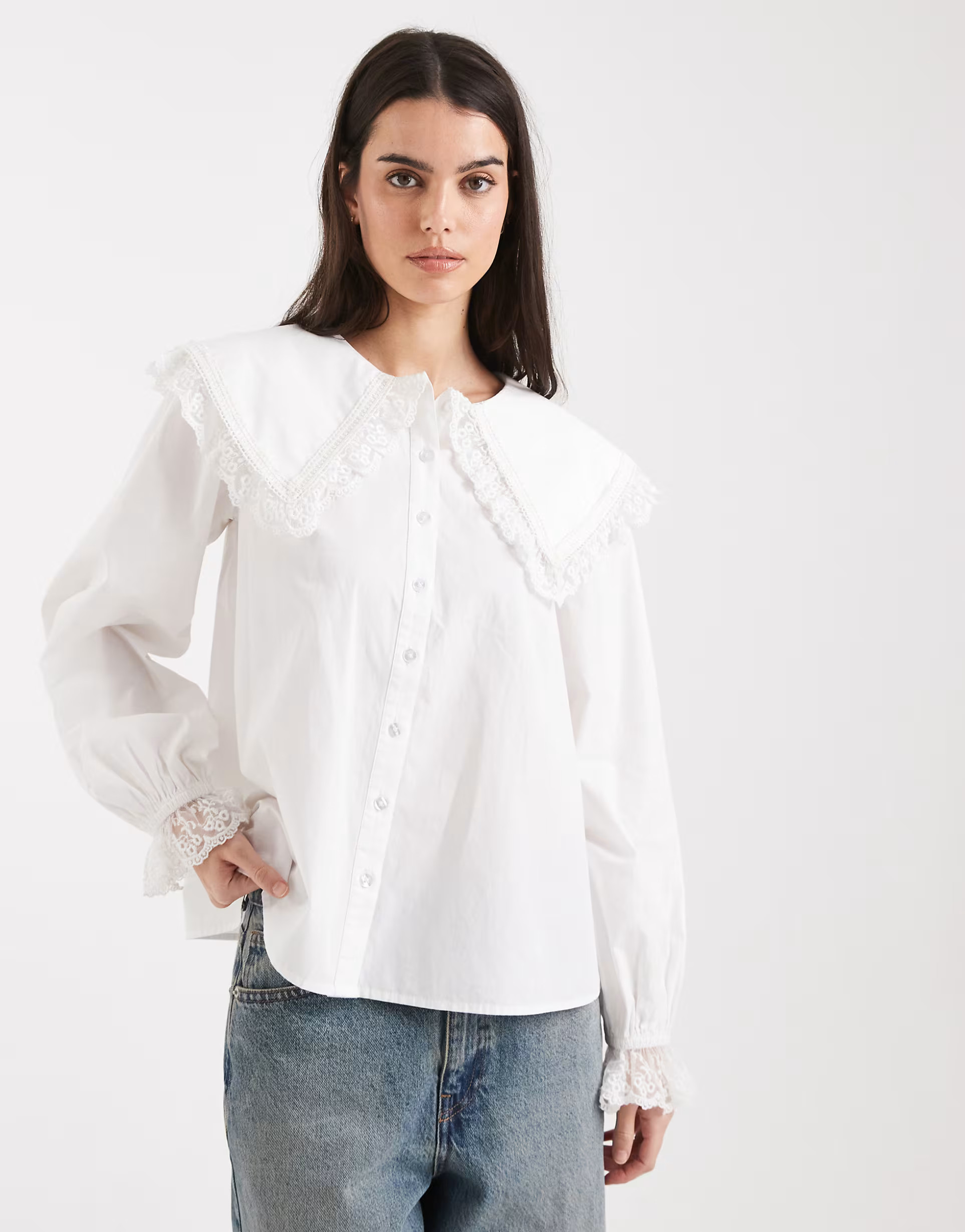 Miss Selfridge lace trim collar blouse in white | ASOS (Global)