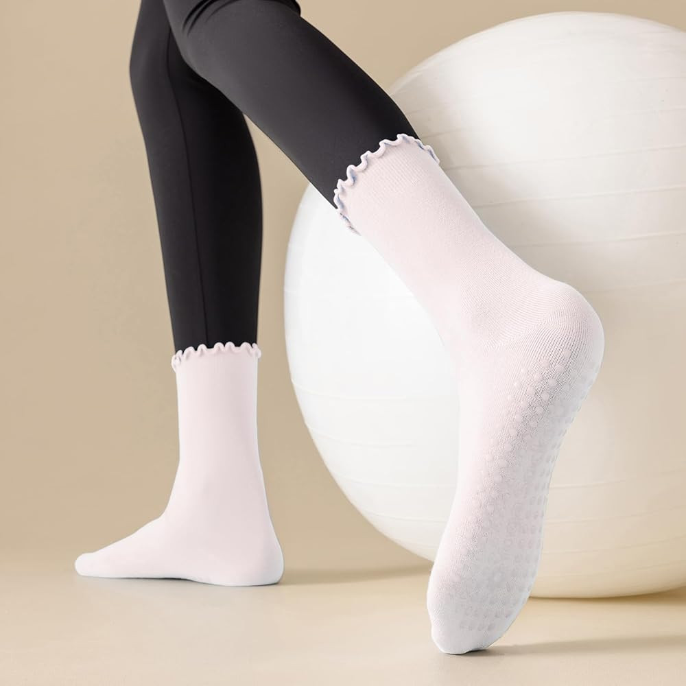 3 Pairs Pilates Socks with Grips Non-slip Ruffle Yoga Sock Grip Sock for Women | Amazon (US)