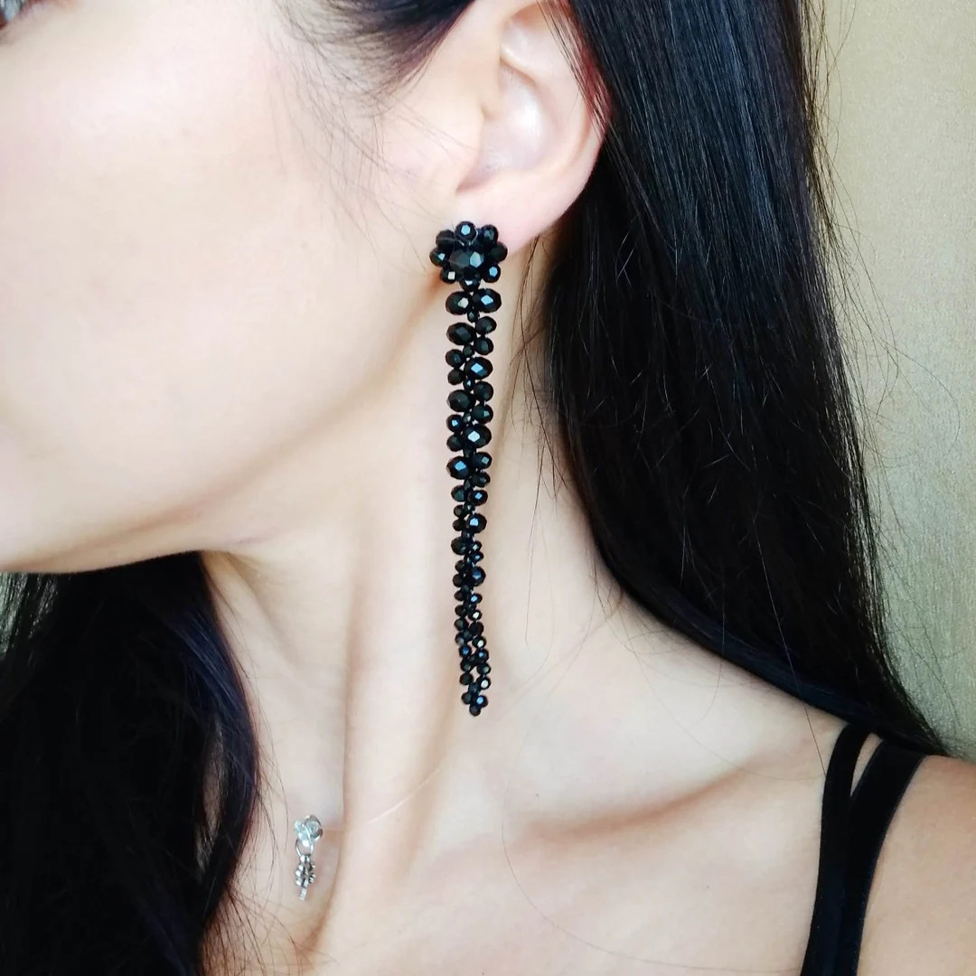 Long Tassel Crystal Flower Black Earrings Simone Rocha Style Crystal Drop Earrings Light Bridal E... | Etsy (US)