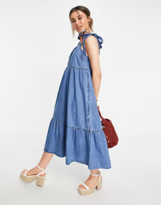 ASOS DESIGN soft denim tiered midi dress in midwash | ASOS (Global)