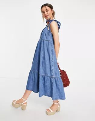 ASOS DESIGN soft denim tiered midi dress in midwash | ASOS (Global)