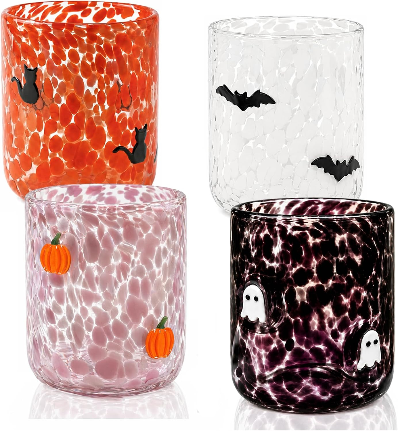 4 PCS Halloween Icon Glass Cups - 16oz Ghost & Bat Icon & Pumpkin & Black-Cat Juice Glass Old Fashioned Hand Blown Cute Drinking Cups for Party Decoration & Lovely Friends | Amazon (US)