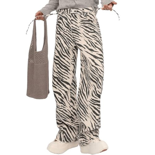 Autumn High Waisted Zebra Print Baggy Wide Leg Pants for Women Trendy Stripe Denim-Style Vacation Trousers Pants (Medium,Zebra) | Amazon (US)