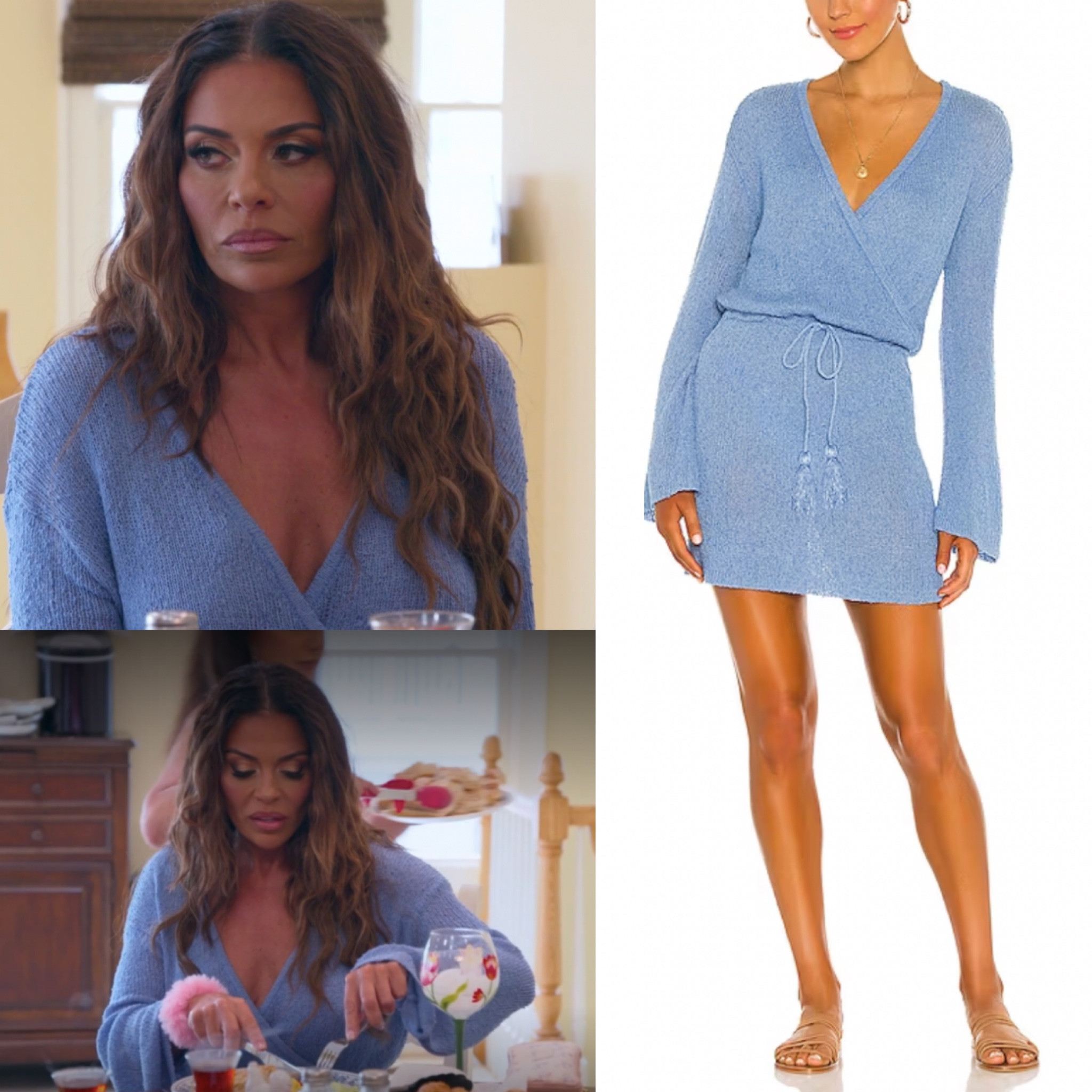 Dolores Catania’s Light Blue Wrap Sweater Dress