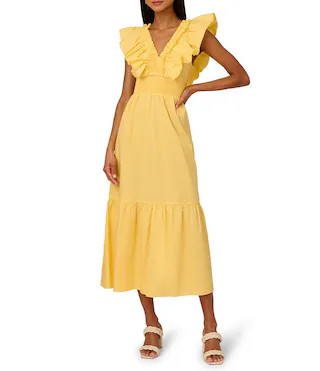 Adrianna by Adrianna Papell Ruffle V-Neck Smocked Waist Cap Sleeve Midi Dress | Dillard's