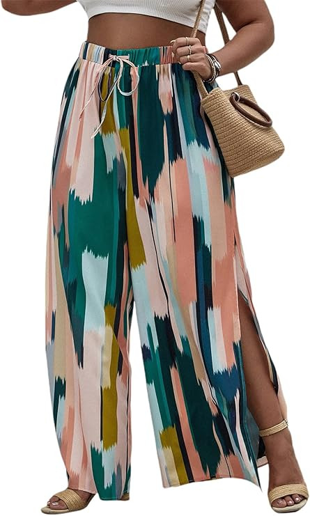 WDIRARA Women's Plus Size Printed Drawstring Waist Split Side Wide Leg Pants | Amazon (US)