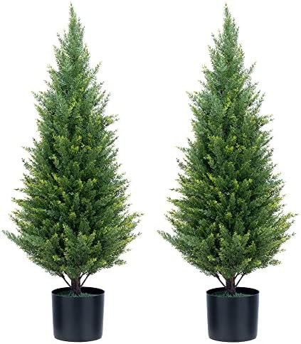 ECOLVANT Two 3 Foot Artificial Cedar Trees Indoor Outdoor UV Rated Potted Plants Artificial Topia... | Amazon (US)