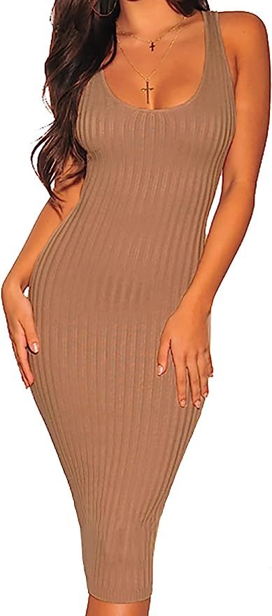 Women's Sexy Bodycon Tank Dresses Sleeveless Ribbed Knit Midi Club Dresses | Amazon (US)