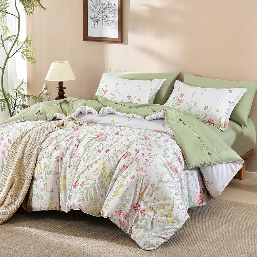 Yiran 7 Piece Pink Green Floral Comforter Set Queen Size, Cute Botanical Comforters Cottagecore F... | Amazon (US)