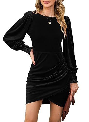 YIJIU Women Long Sleeve Velvet Dress Crew Neck Slim Fit Short Ruched Bodycon Cocktail Party Club ... | Amazon (US)