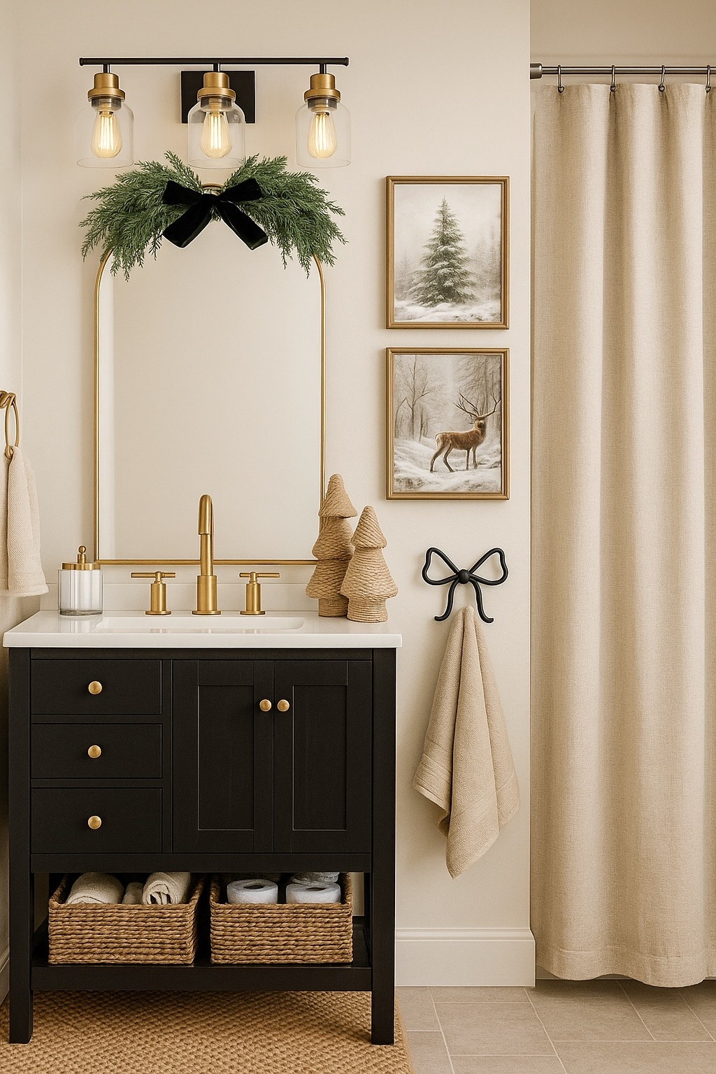 Neutral Christmas Bathroom Decor – Amazon Finds

Follow @farmtotablecreations on Instagram for more neutral holiday decorating ideas.

A cozy and refined bathroom refresh for Christmas — all sourced from Amazon. The matte black vanity pairs perfectly with brushed brass hardware, woven baskets, and linen textures. I added small touches of greenery, a simple garland over the mirror, and a few winter prints for that soft festive feel without overpowering the space. It’s an easy way to bring warmth and subtle holiday charm into a small room.

#bathroomdecor #holidaydecor #neutralchristmas #christmasbathroom #amazonhome #bathroommakeover #blackvanity #brassfixtures #christmasinspo #modernorganicdecor #homeinspo #christmasstyle #neutraldecor #holidayhome #christmasathome

#LTKHome #LTKSaleAlert #LTKFindsUnder50