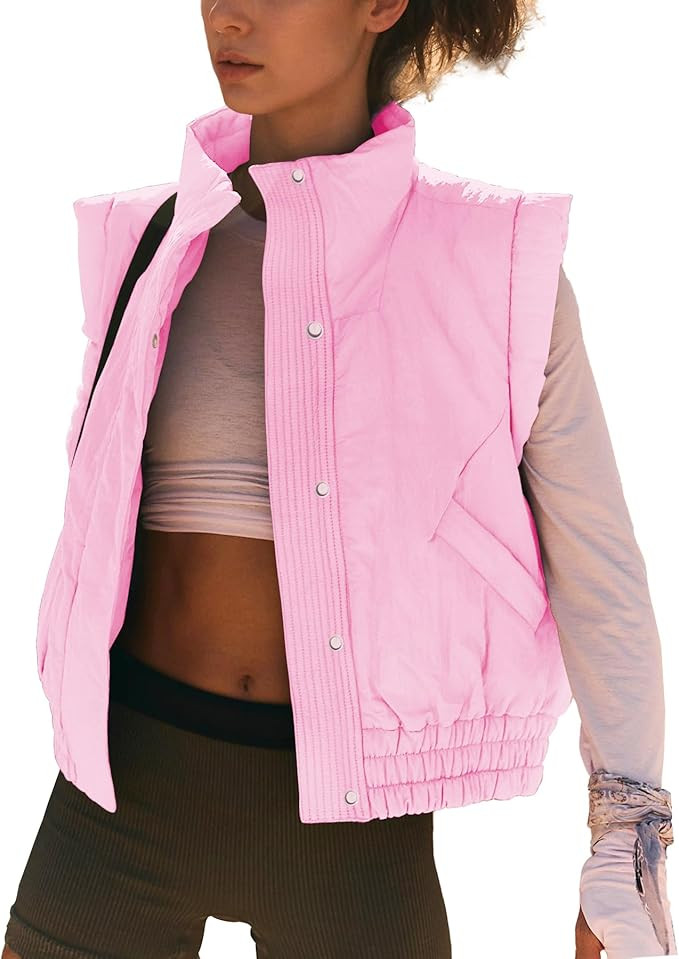 Ainangua Women Cropped Puffer Vest Button Sleeveless Light Jacket Scrunch Stand Collar Essentials... | Amazon (US)