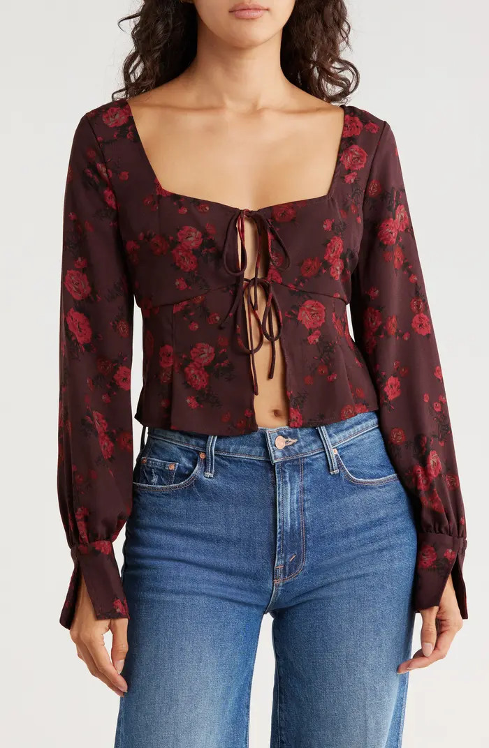 Leith Tie Front Crepe Long Sleeve Top | Nordstromrack | Nordstrom Rack