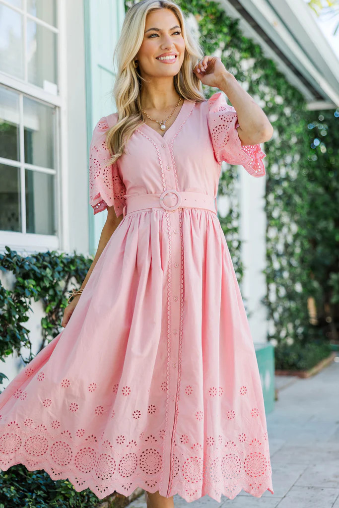 Just Around The Corner Pink Eyelet Belted Midi Dress | The Mint Julep Boutique