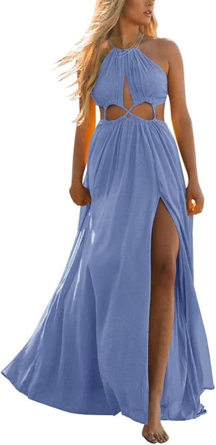 Womens Cutout Halter Sexy Maxi Dress Summer Flowy Tassel Tie Side Slit Long Dresses | Amazon (US)