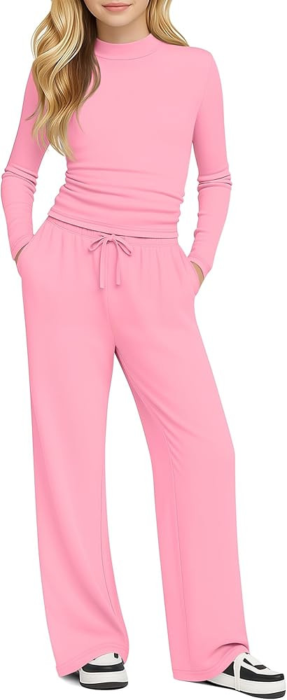 Girls' 2 Piece Outfits Lounge Set Mock Neck Long Sleeve Top Wide Leg Pant with Pocket Casual Swea... | Amazon (US)