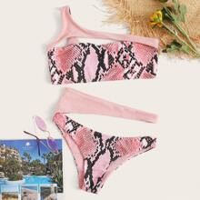 Snakeskin One Shoulder Cut-out Bikini Swimsuit | SHEIN