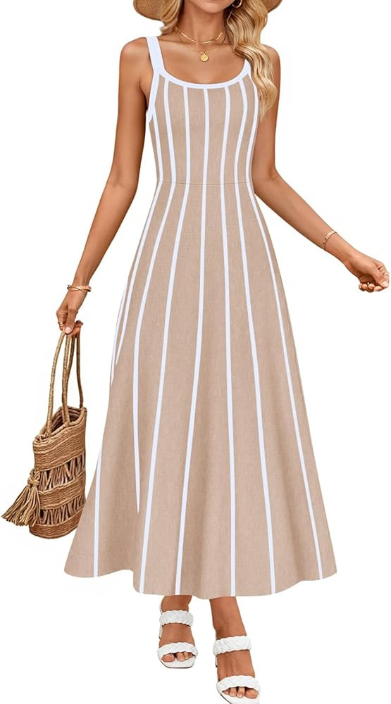 ZESICA Womens 2026 Summer Sleeveless Striped Midi Dresses Casual A Line Swing Knit Long Dress Bea... | Amazon (US)