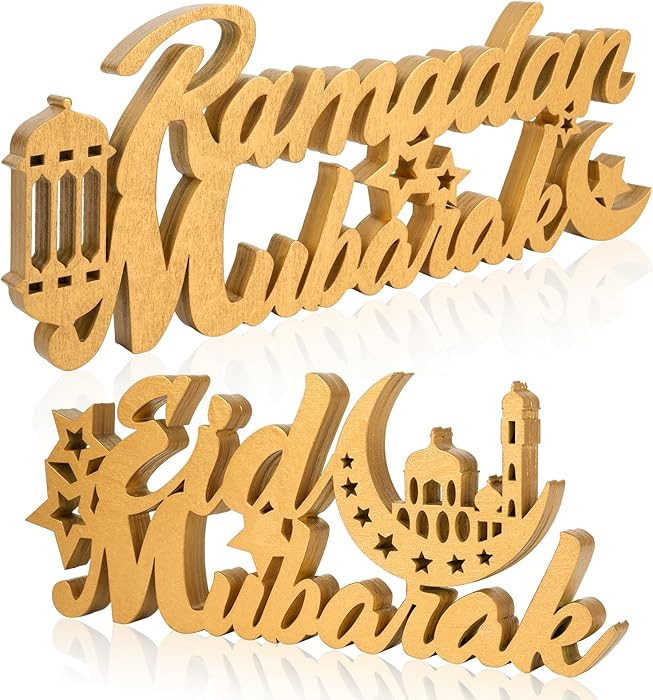 COCHIE 2 Pcs Islamic Tabletop Decors Ramadan Mubarak Wood Sign Eid Mubarak Wooden Table Centerpie... | Amazon (US)