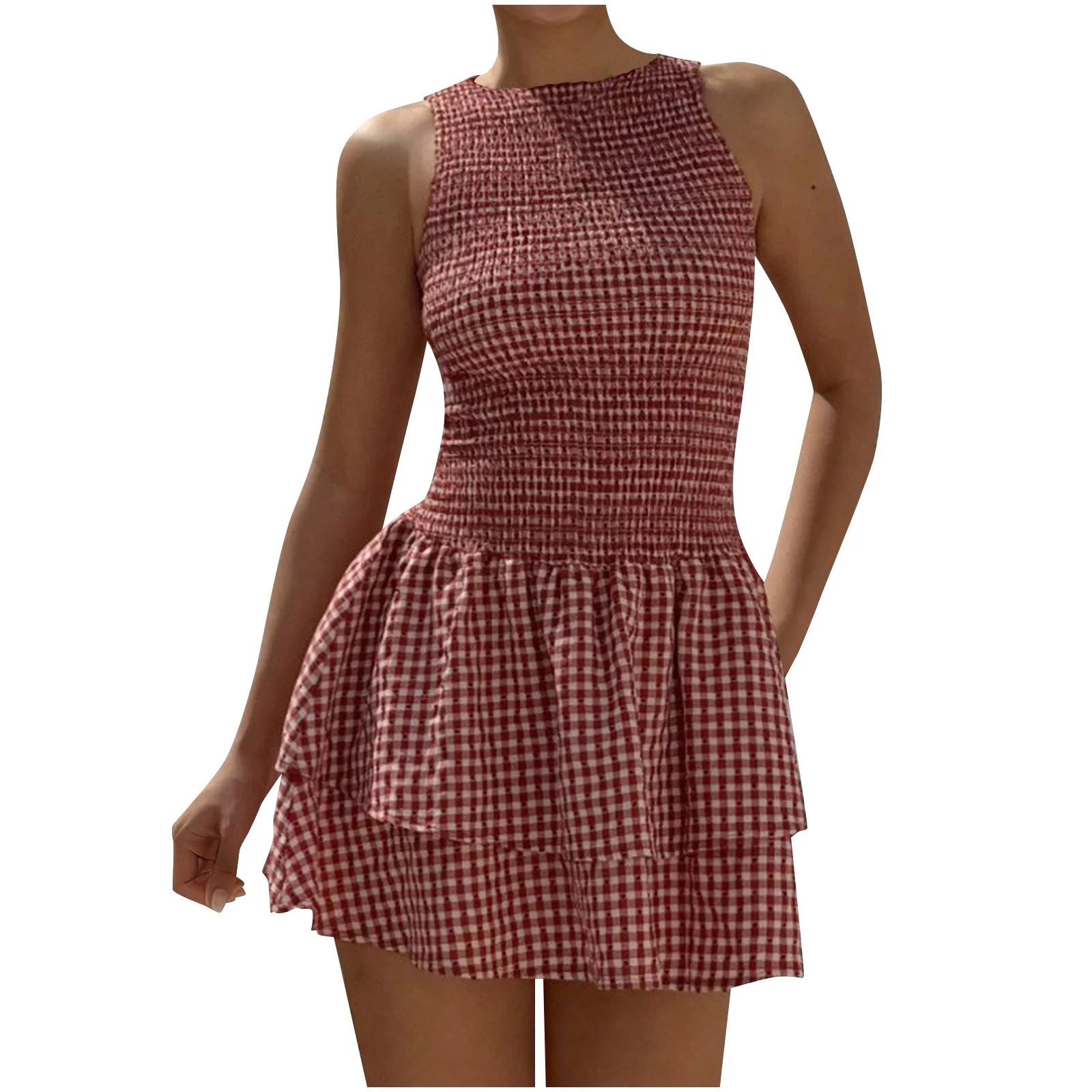 Roncen Women's Gingham Mini Dress Cute Tiered Ruffle Hem Smocked Plaid A Line Vacation Short Tank... | Walmart (US)