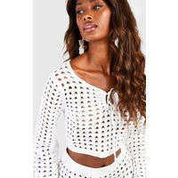 Womens Crochet Lace Up Crop Top - White - L | boohoo (US & Canada)